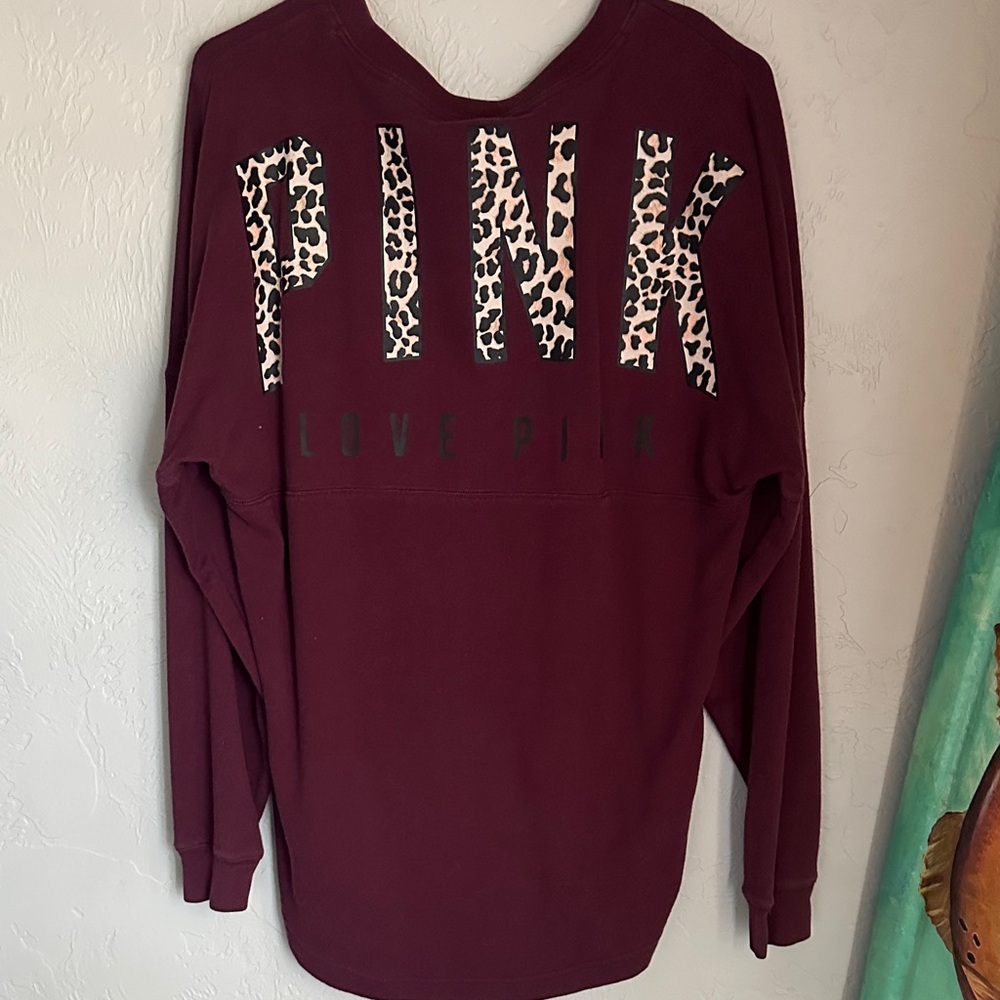PINK Victoria's Secret Burgundy Sweatshirt with Leopard Accents